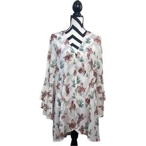 Western Boho Horse Print Equestrian Sz L Sheer Mesh Open Front Cardigan